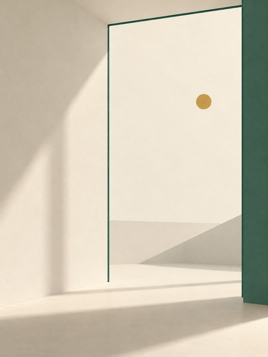 An open green doorway in a cream room with soft light and a small gold dot
